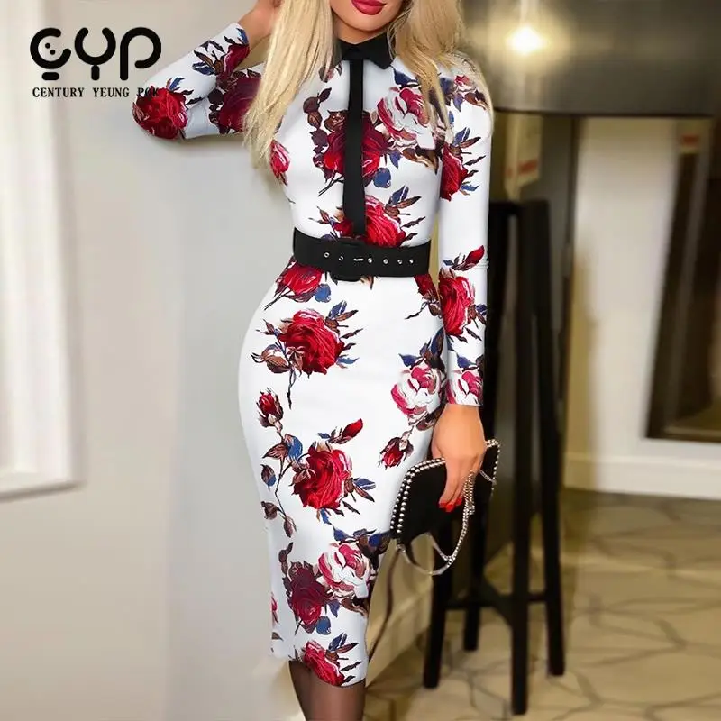 

Элегантное женское шикарное офисное платье yeungv с отложным воротником и бантом, женское сексуальное облегающее платье миди, модные облегающ...