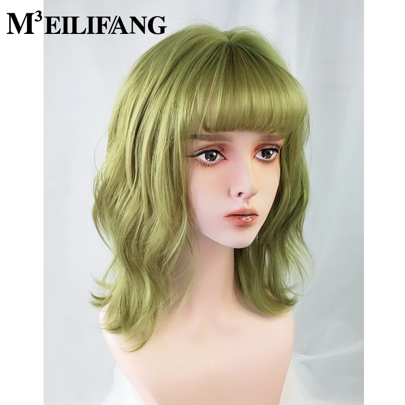 

Green Short Curly Hair Lolita Wigs Women Cosplay Japanese Fluffy Air Bangs Realistic Periwig Sweet Cute Girls Adult Daily Wear