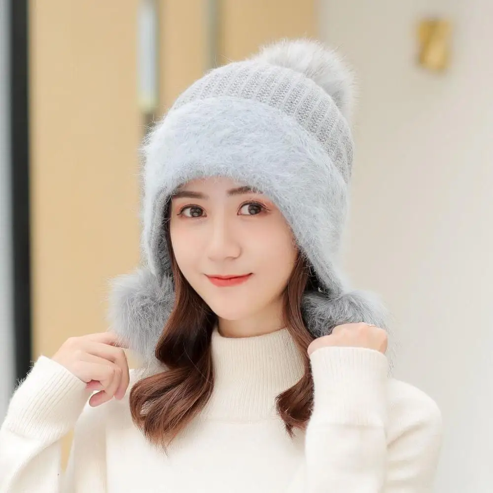

2019 New Women Rabbit Fur Knit Hats Winter Solid Color Big Fur Ball Thick Warm Hat Girl Sweet Earmuffs Hat Wholesale Retail
