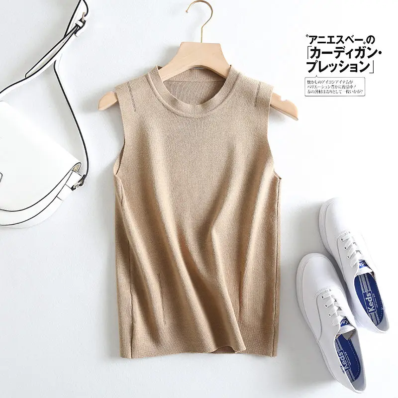 

French Ice Silk Knitted Vest Tops Women's Outer Wear Loose Tide Casual Short Retro Base Jumper T Shirt O-Neck Sleeve Tee zh1450