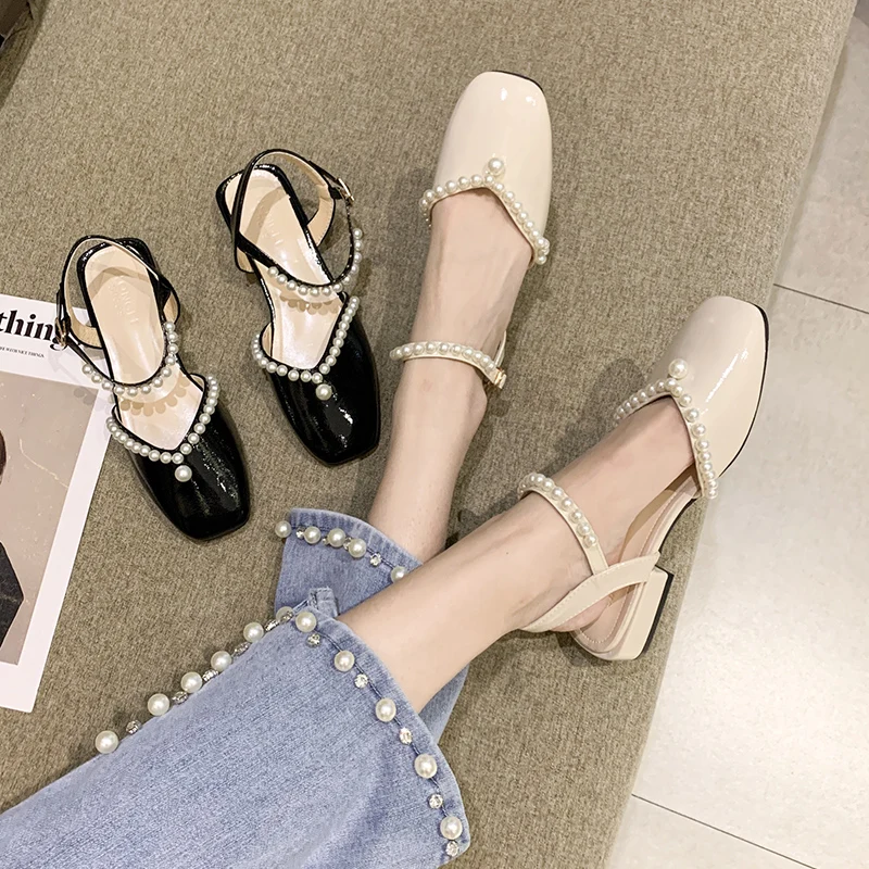 

Shallow Mouth Female Sandal Black Shoes for Women Block Heels All-Match 2021 Summer Med Girls Pearl Beige Chunky Clear Comfort G
