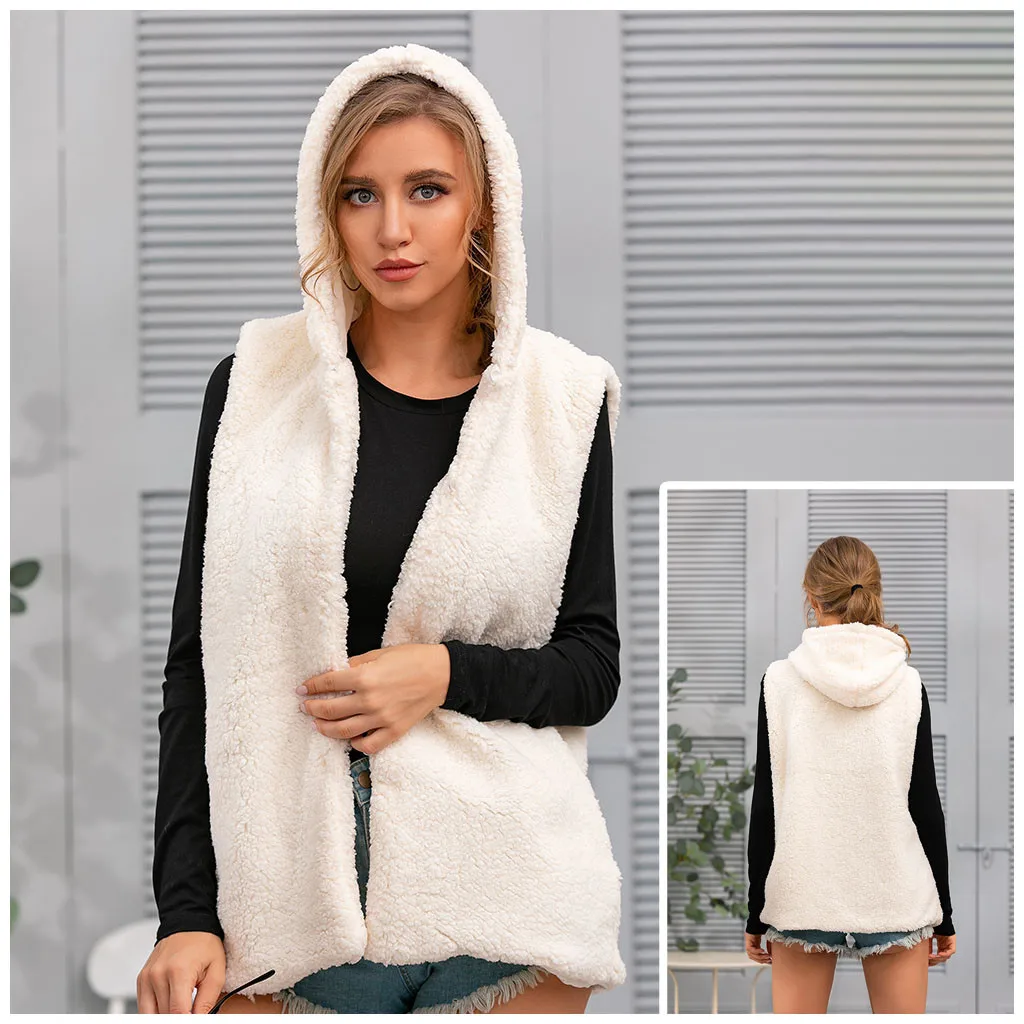 

Warm Plush Hoodie Faux Vest Coat Womens Winter Sleeveless Faux Fur Overcoat Covered Button Hood Plush Vest Outerwear