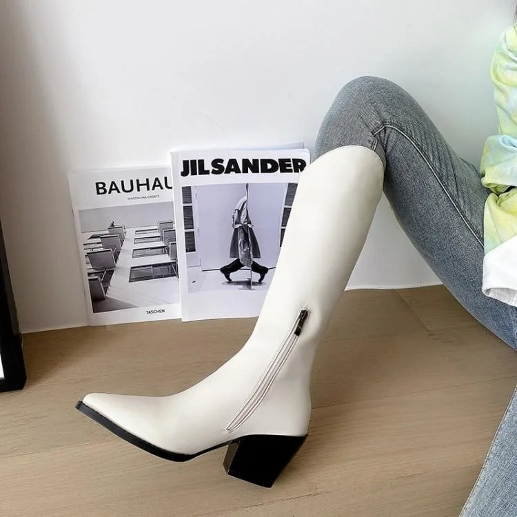 

2021 New V-mouth Knee High Boots Women's Pointed Middle White Knight Boots Western Cowboy Boots