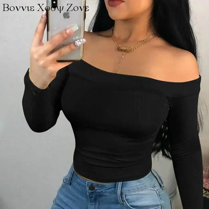 

Women Off Shoulder Ribbed Long Sleeve Blouse Slash Neck Sexy Tops