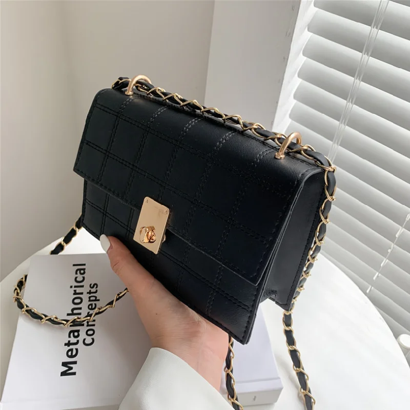 

Female Bag Casual Solid Color Diamond Hasp Shoulder Bag Simple Thread Chain Small Square Underarm Bags For Women