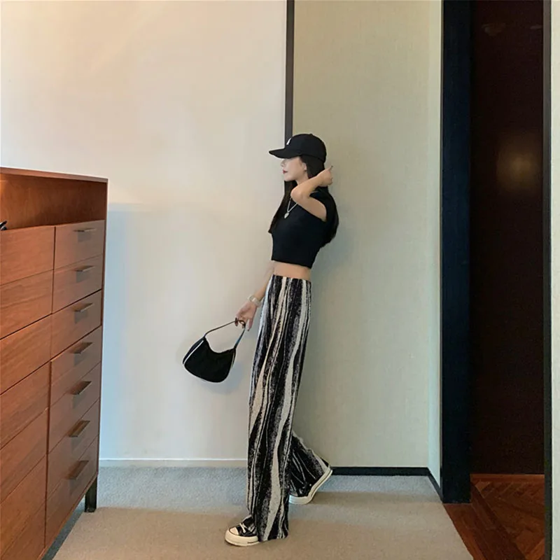 

Full Length Pants Women Trendy Pleated Summer Soft High Waisted All-match Chic Ladies Trousers Vintage Print Leisure Womens Pant