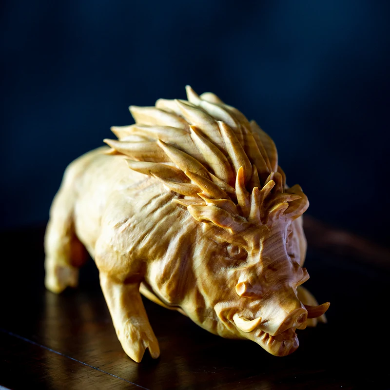 

9CM Wild Boar small Figurines Wood Statue Lucky Animal Pig Home Decoration Home Decor Boxwood Carving Car Decorations