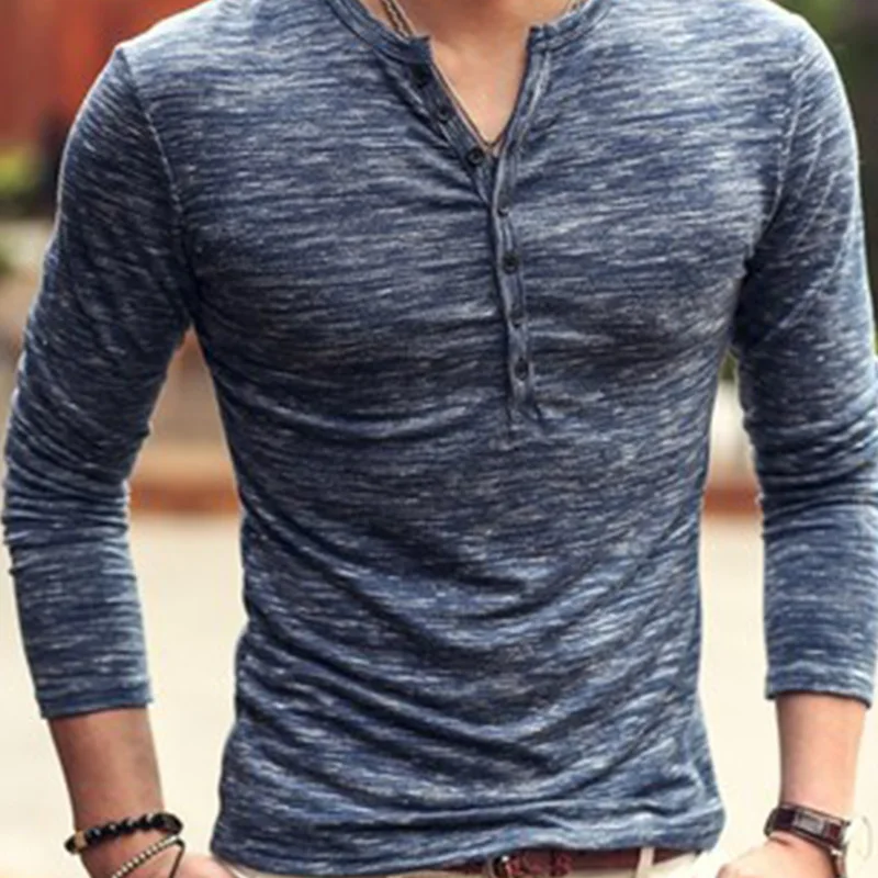 Мужская футболка на пуговицах Хенли стильная облегающая Повседневная с длинными