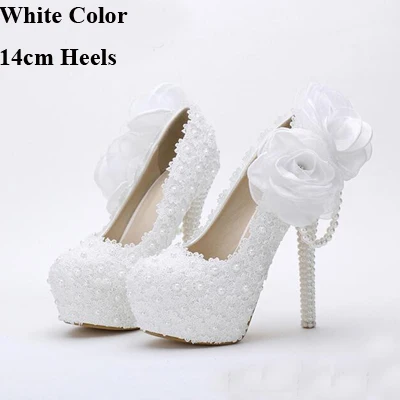 White 14cm Heels Свадебные туфли на платформе с кружевом и белым цветком красивые женские свадебные модельные туфли на высоком каблуке ручной работы с кружевом для девочек на день рождения - Цвет: White 14cm Heels