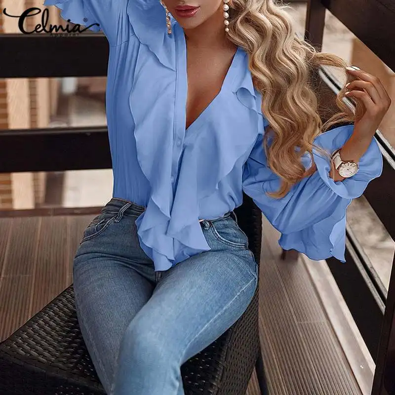 

Celmia Elegant OL V-neck Women Shirts 2021 Fashion Ruffled Long Flare Sleeve Tunic Tops Casual Loose Solid Blouses Oversized