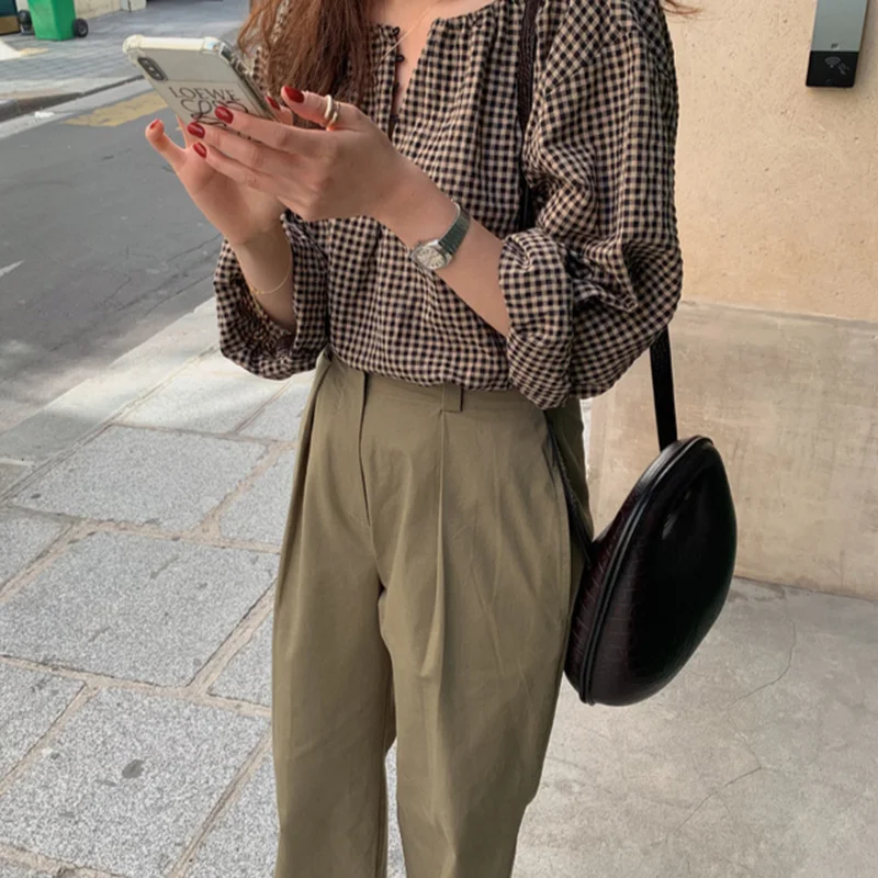 Блузки для женщин на пуговицах с принтом в клетку О-образным вырезом футболки