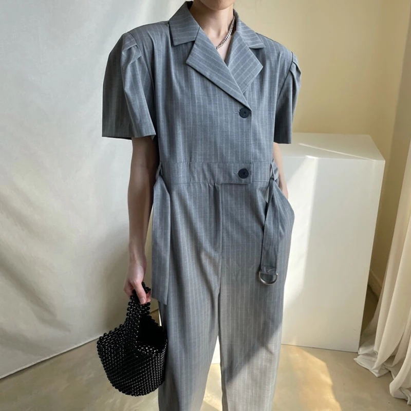 

Summer New Style French Retro Suit Collar Two Buckles High Waist Ring Buckle Tied Wide Loose Striped Jumpsuit Trousers GL747