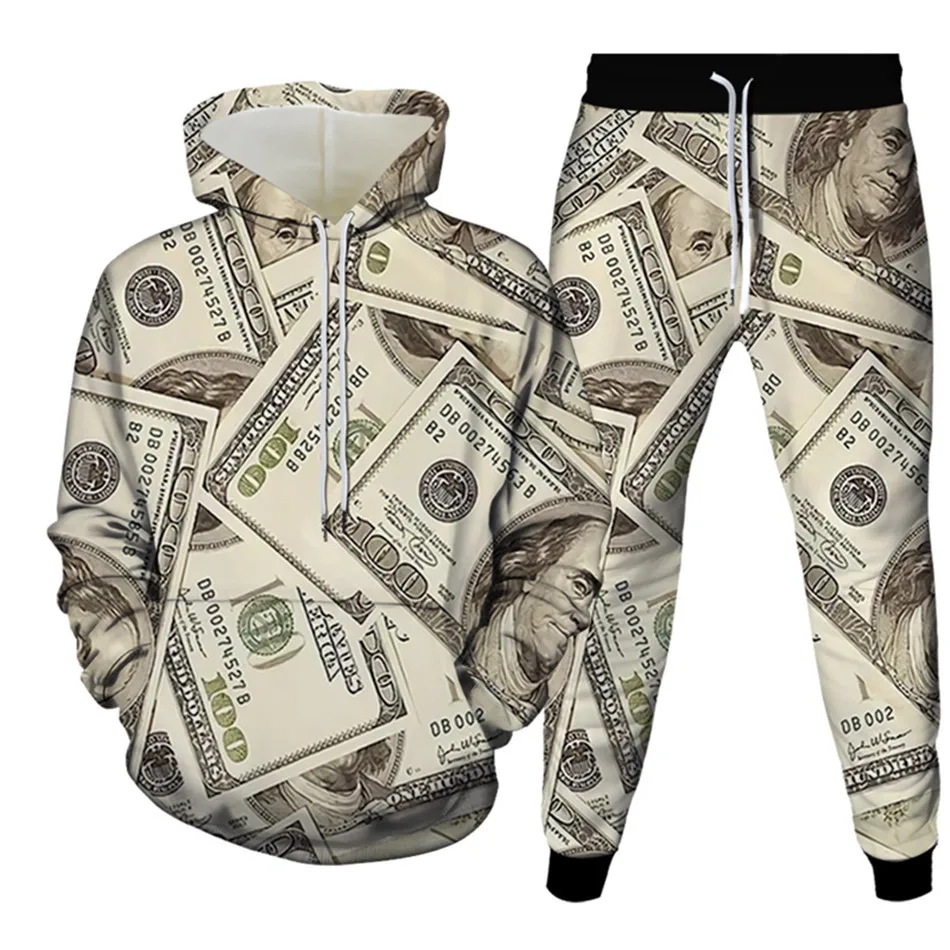 

US Dollar Money 3D Print Suit Men Tracksuits Women Hooded Sportswear Hoodies+Jogger Pants 2Pcs Set Spring Autumn Fashion Clothes