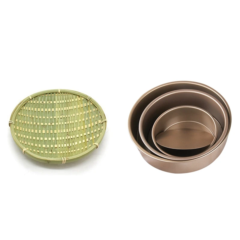 

Bamboo Round Fruit Plate Handmade Storage Tray With 3Pcs Cake Mould Pastry Cake Round Pudding Cheesecake Mold Set