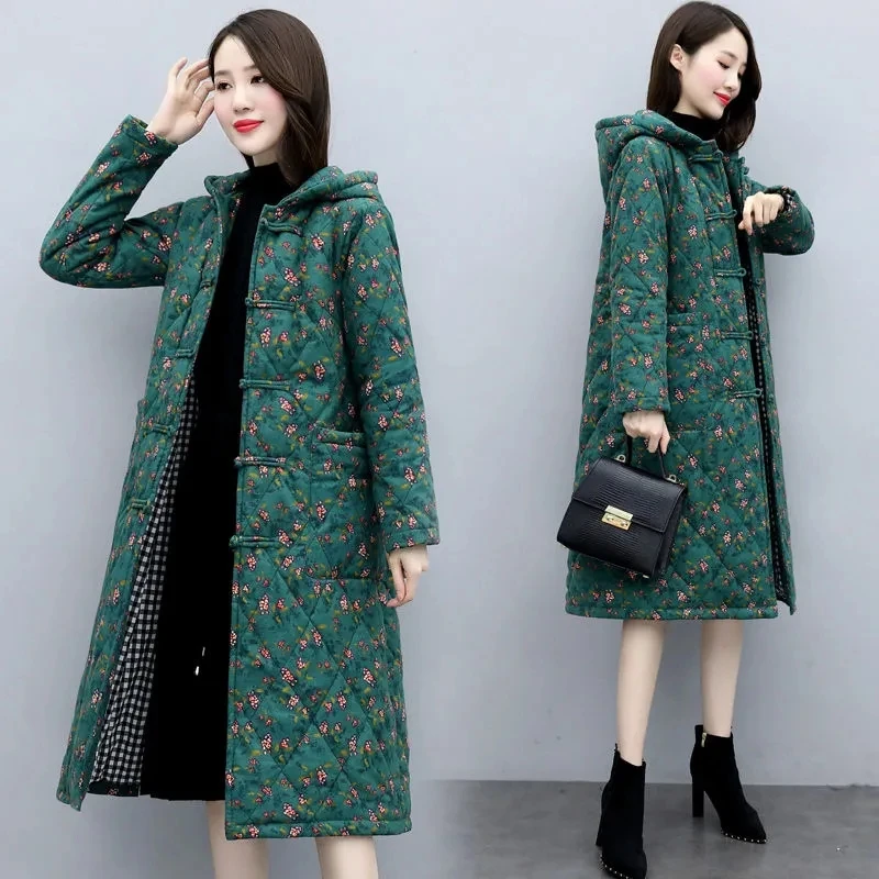 

Mid-Length Down Padded Cotton Jacket Women 2021 New Temperament Floral Retro Middle-Aged Mother Jacket Winter Thick Padded Jacke