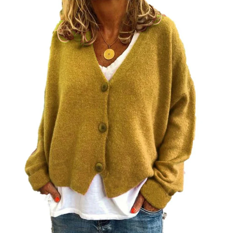 

Plus Size Ladies Button Knit Cardigan Loose V Neck Long Sleeve Autumn Sweater Cardigans Coat Tops Blue Red Solid Female Outfits