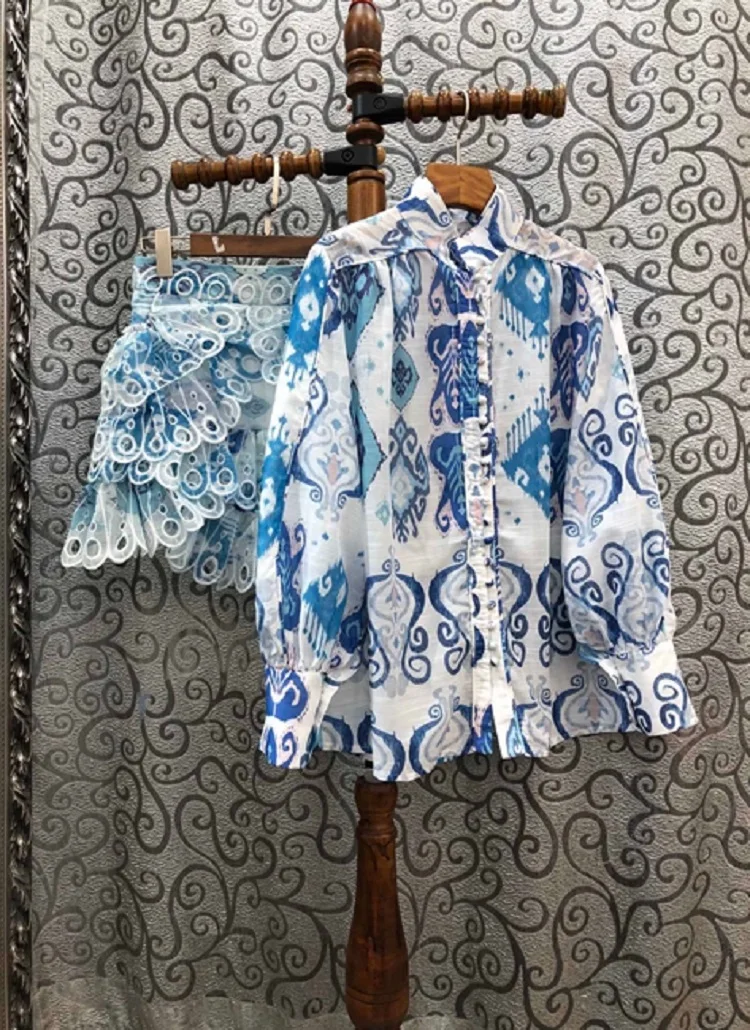 

Top Quality New Short Sets 2020 Summer Two Piece Suit Women Geometric Prints Blue Pink Shirts+Cascading Ruffle Short Skirt Sets