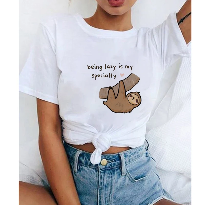 Женская хлопковая Футболка с рисунком летняя повседневная футболка ленивый