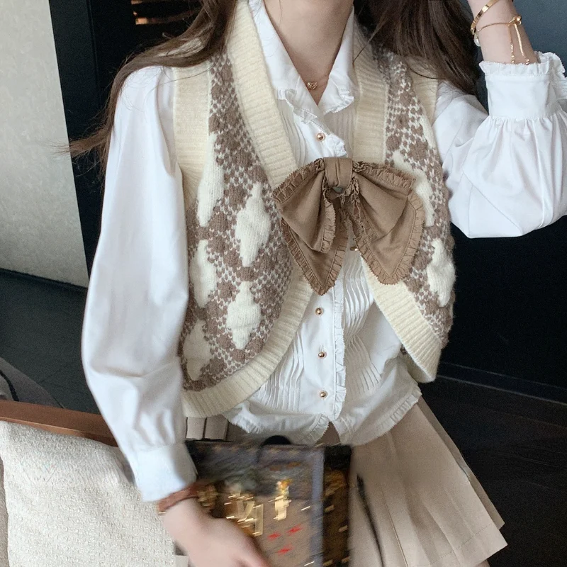 

Vintage Elegant Knitted Sweater Vest Women Sleeveless Warm France Retro Cardigans Korean Fashion Sweater Vest Autumn Winter 2021
