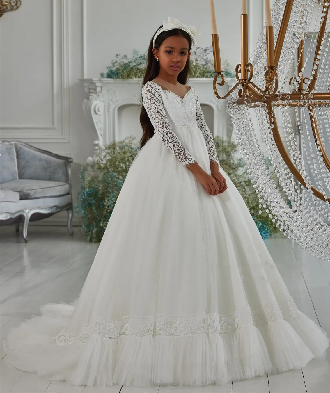 

Vintage Ball Gown Flower Girl Dress Ivory Tulle Lace Top Girls Holy First Communion Dress Long Sleeves Vestido De Comunion