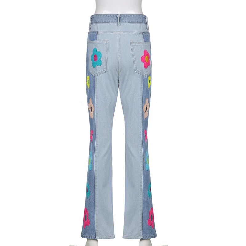 

Weekeep Kawaii Floral High Waist Jeans Women Streetwear Casual Denim Pants Summer Korean Fashion y2k Elegant Embroidery Trousers