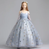 fairy gray flower girls dresses ball gown long sleeves soft tulle with stars embroidery 2021 new arrival