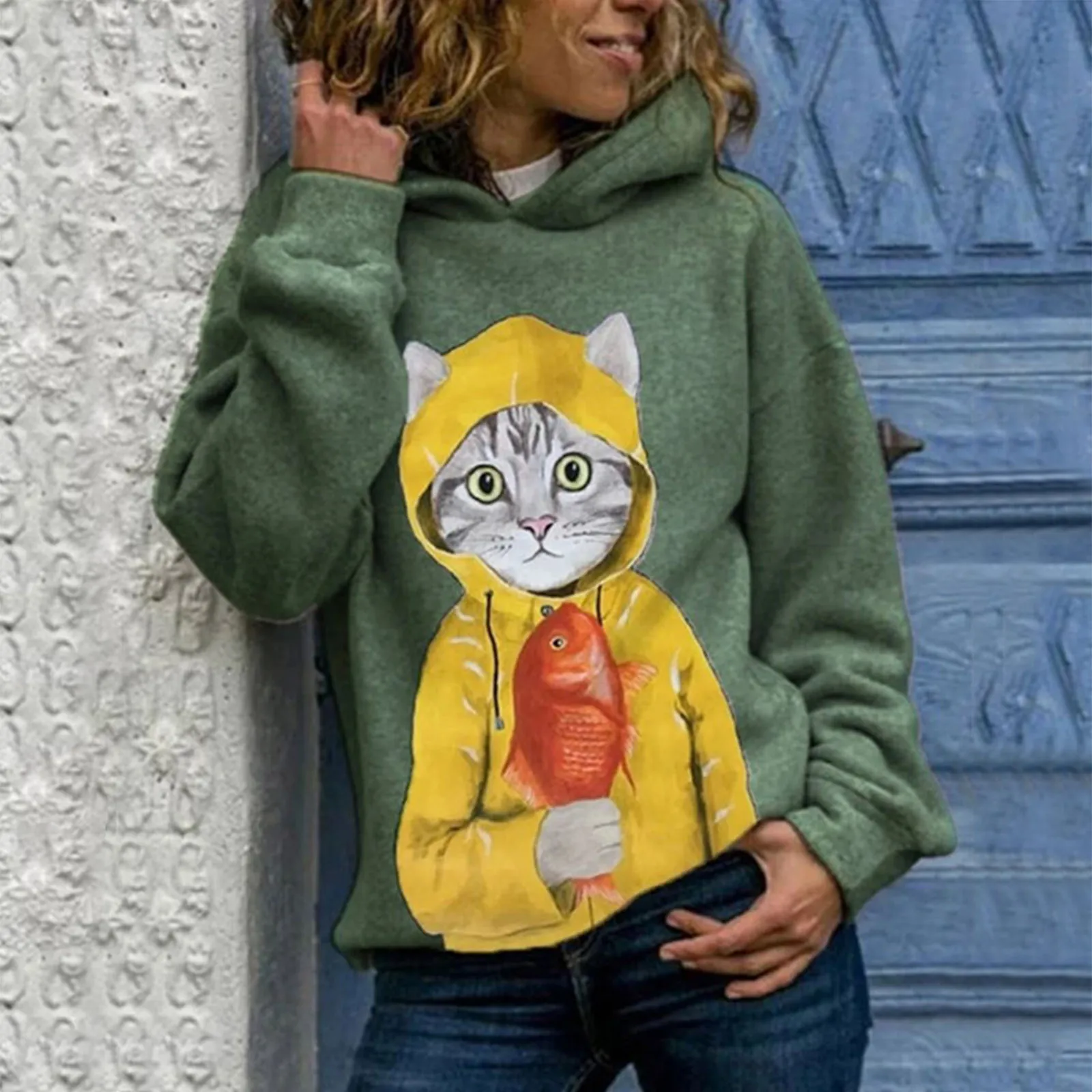 

Women's Autumn New Cat Catching Fish Loose Hooded Printed Sweater Streetwear Women Hoodies Aesthetic Sudadera Mujer