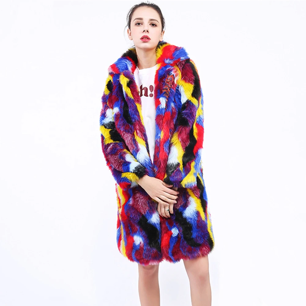 2019 пальто из искусственного меха цветная яркая куртка Женское зимнее длинное