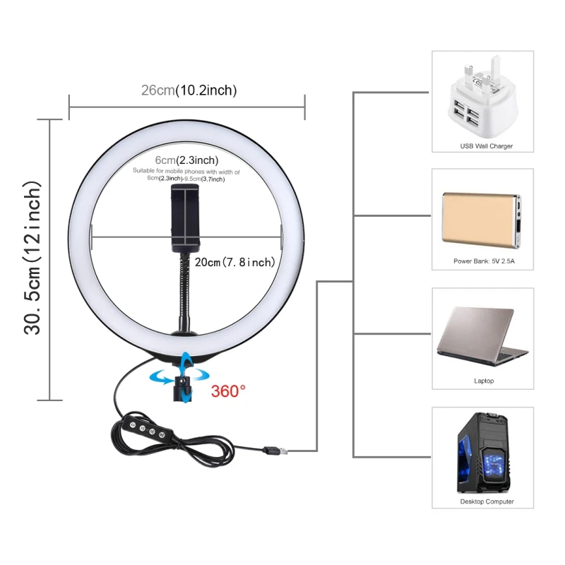 10 дюймов USB Dimmable светодиодный селфи кольцо свет студия кольцо свет камера телефон фотография видео макияж лампа с держателем телефона клип