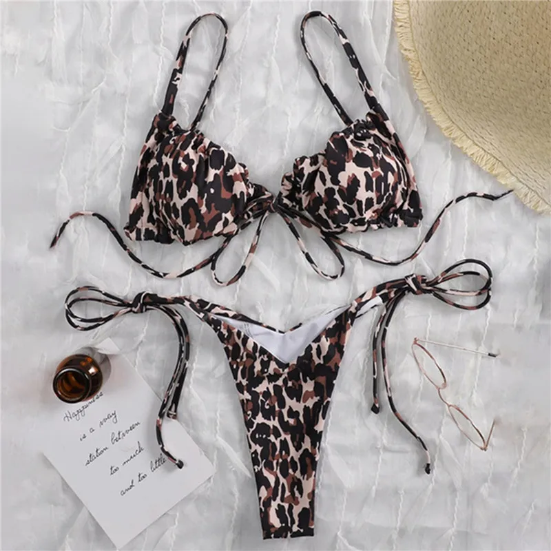 

Sexy Bandage Thong Bikinis Butterfly Print 2 Piece Set Swimwear women 2021 Mjuer New Push Up Swimming Suit For Biquini