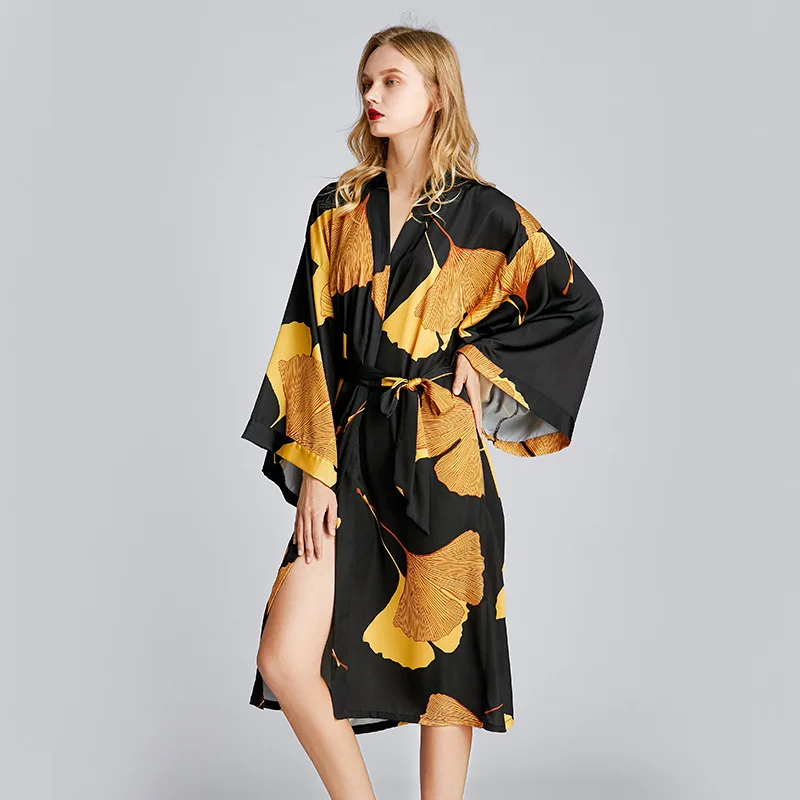 

Women Spring Summer New Robe Kimono Gown Satin Print Flower Homewear Nightdress Oversize Silky Home Clothes Sexy Nightgown