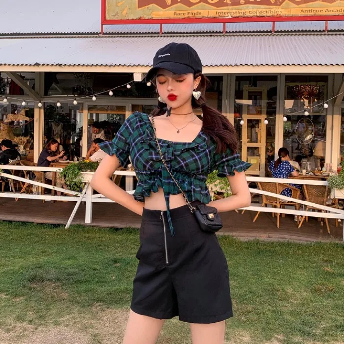 Kpop Lee Sun Mi же Лето Женская Корейская Ретро короткая клетчатая рубашка с коротким