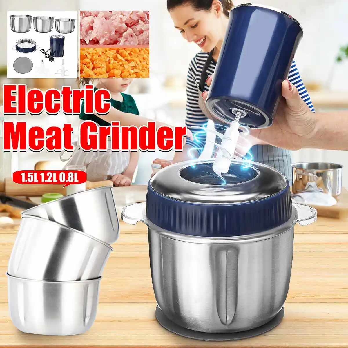 

220V Meat Grinders With 3 Bowl Stainless Steel Electric Mincer Chopper 2Speed 4Blades Food Mixer blender Kitchen Cooking Machine