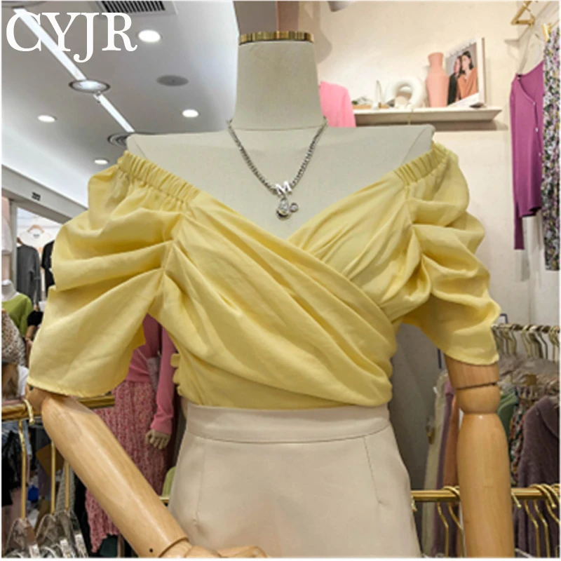 

Elegant Puff Sleeve Women Blouses Shirts Summer V-neck Lace Up Short Shirts Tops Female 2021 Casual Chiffon Tops femme