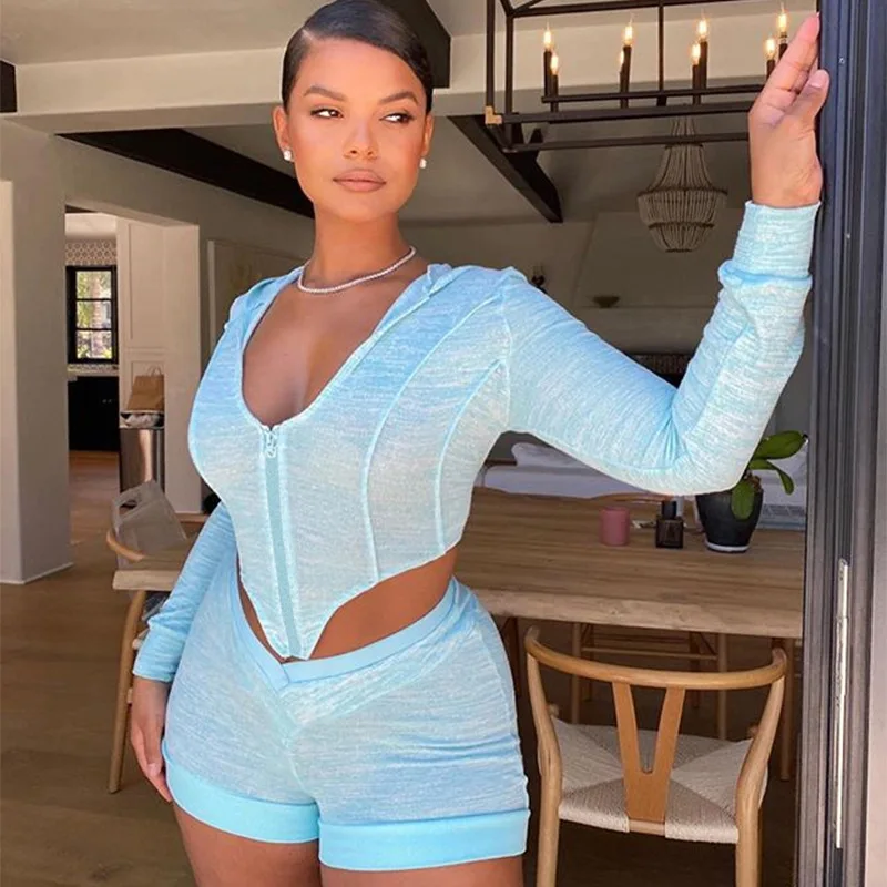 Женская одежда для отдыха Set2021 Осенний укороченный Топ с длинным рукавом и шорты