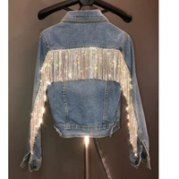 new bling rhinestone tassel short denim jacket for women slim fit light blue lapel jean coat lady streetwear performance coats
