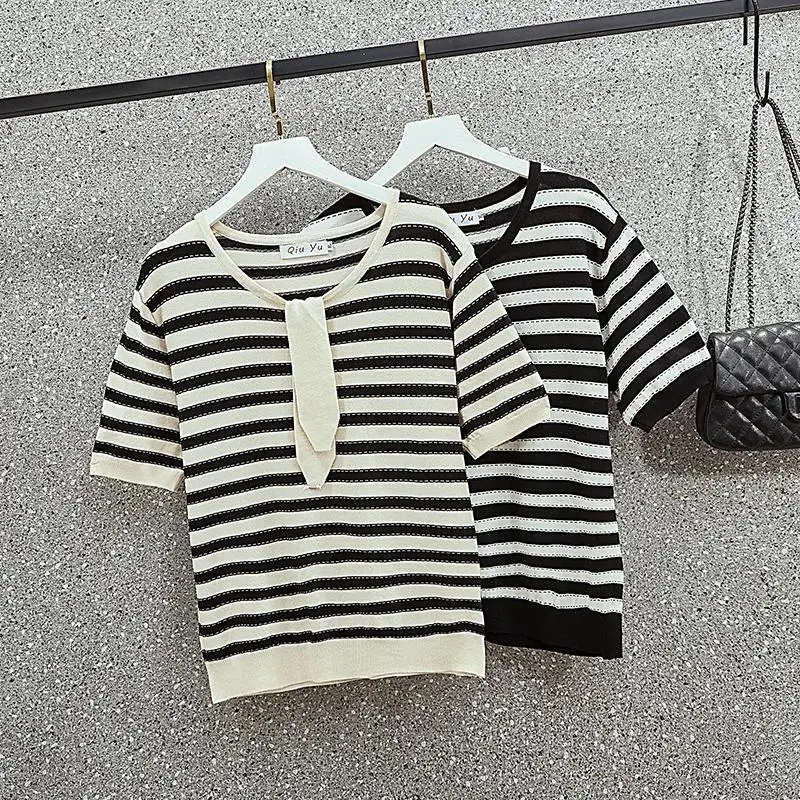 

L-3XL size women Summer Stripe kint sweater pullover loose casual short sleeve o neck thin Oversized sweaters female jumper