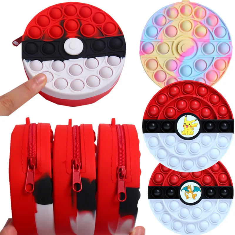 

Pop It Fidget Toy Pokemon Пикачу; Чаризард круглая Сумка-тоут силиконовая нажимная пузырьковая выдавливающая антистрессовая пластина
