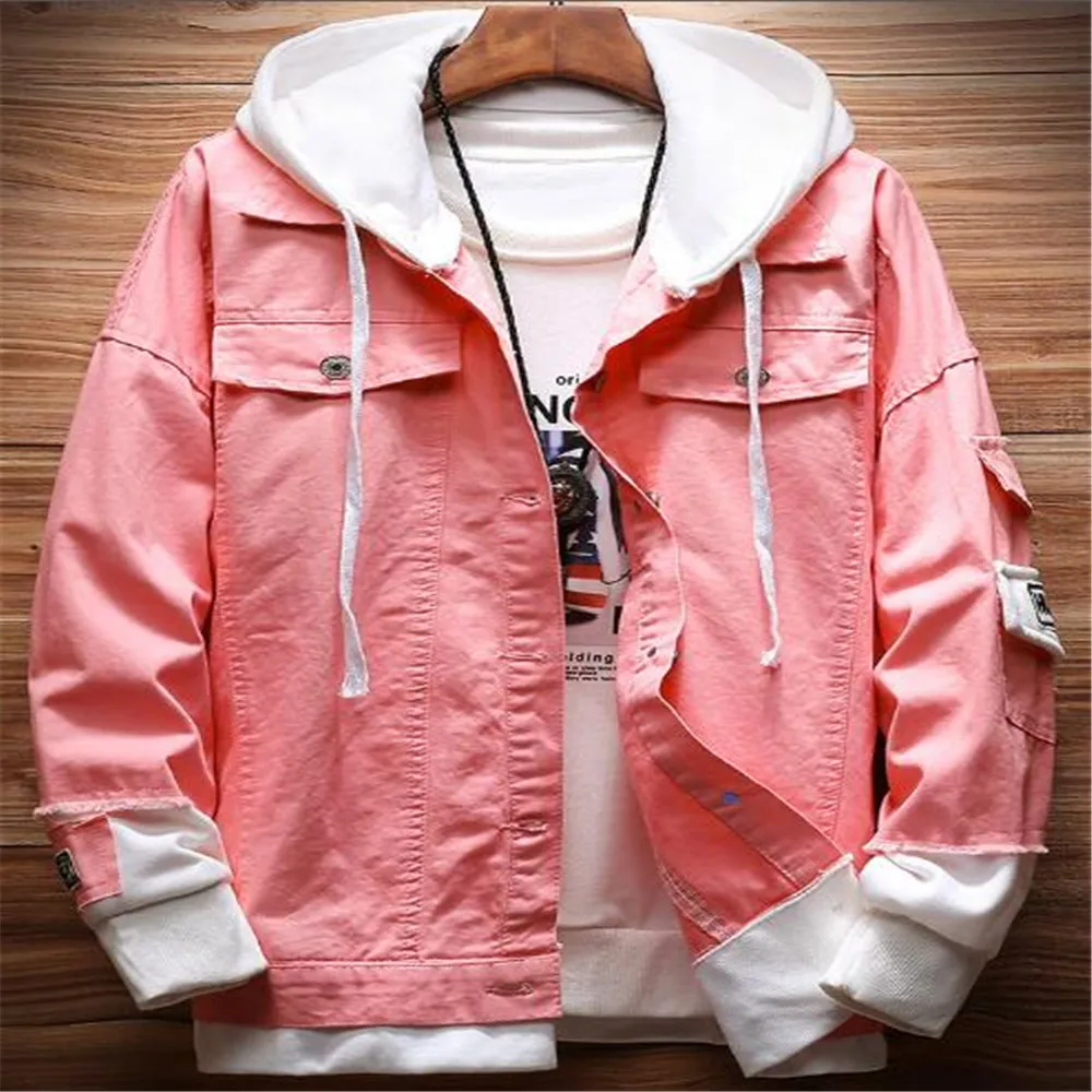 

Autumn Handsome New Men's Hooded Ripped Denim Jacket Student Loose Fake Two Gowns Coat Outerwear