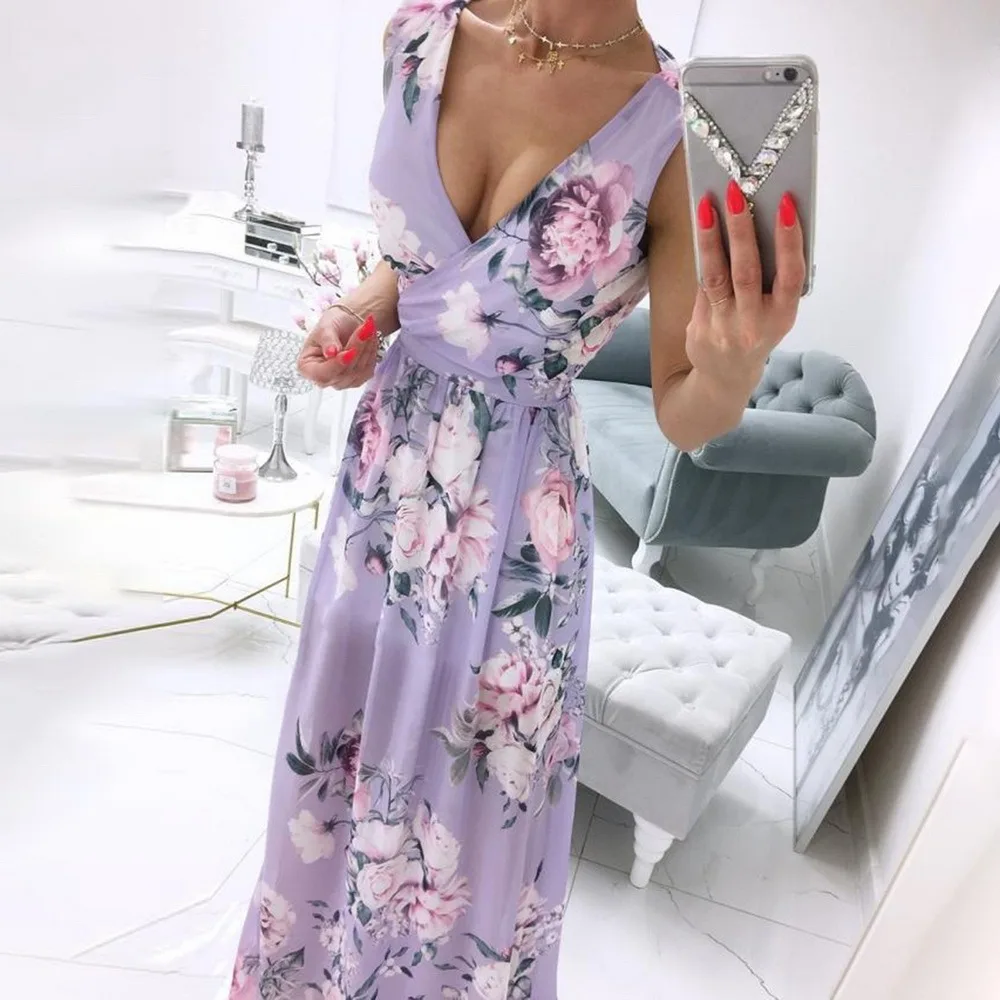 

2021 Elegant Floral Print Chiffon Long Dress Women Summer Sexy Deep V-neck Split Party Dress Lady Sleeveless Maxi Beach Dresses
