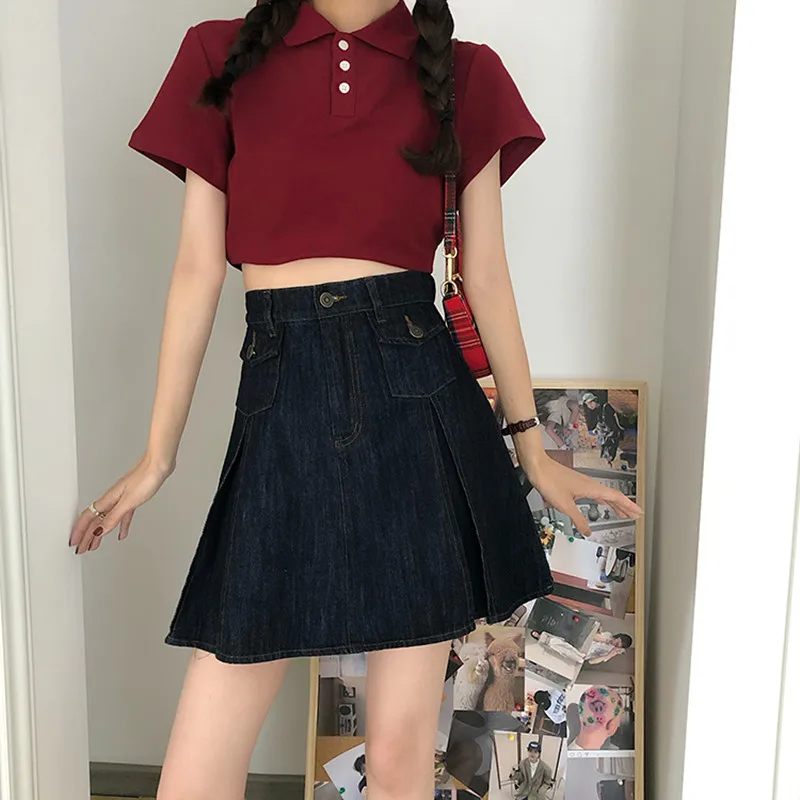 

S-XL A line denim skirt for women 2020 summer preppy style pleated pocket high waist denim jeans skirts womens (72766