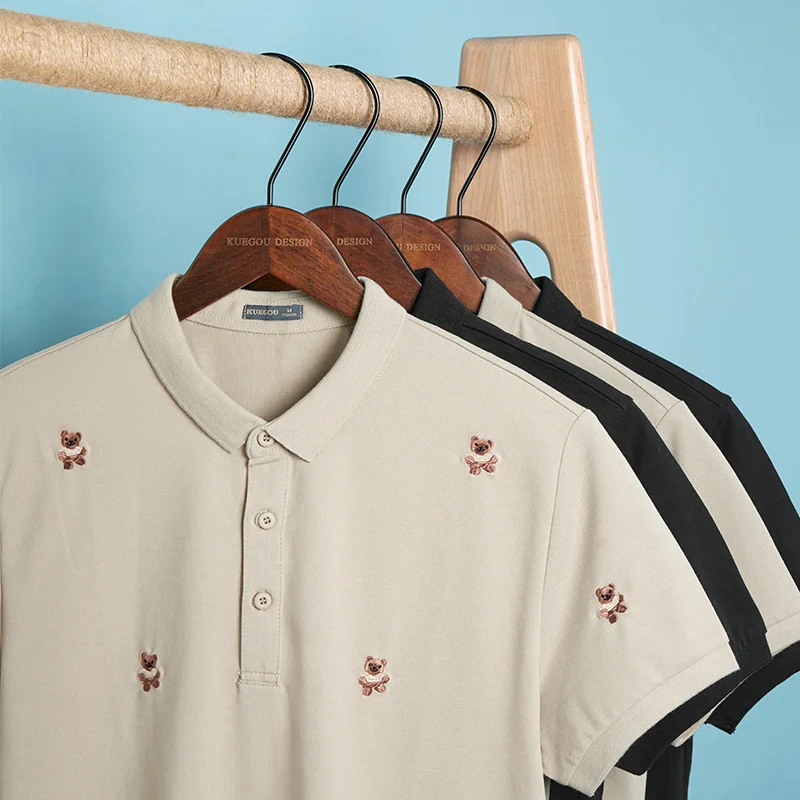Рубашка-поло KUEGOU мужская с вышивкой медведя модная Удлиненная рубашка-поло
