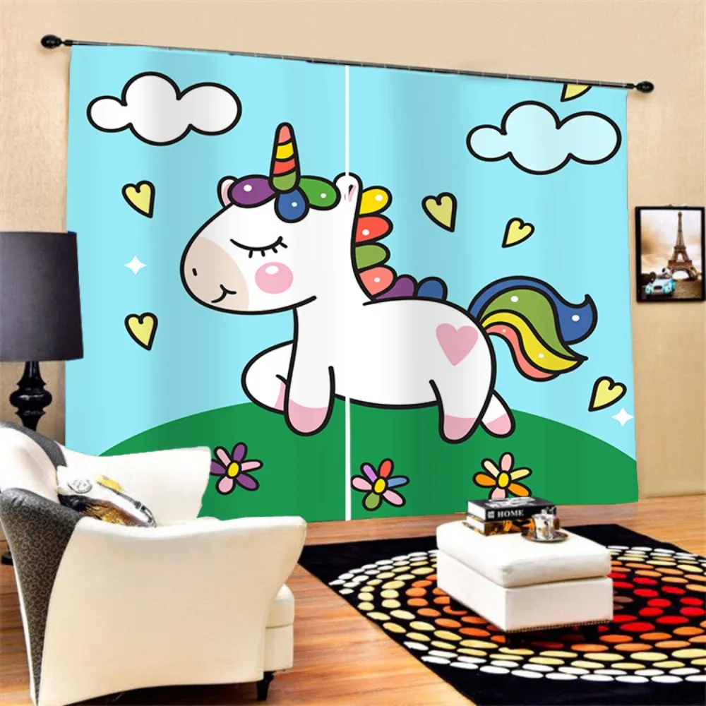 Милая Радужная оконная занавеска в виде единорога Полиэстеровая черная для