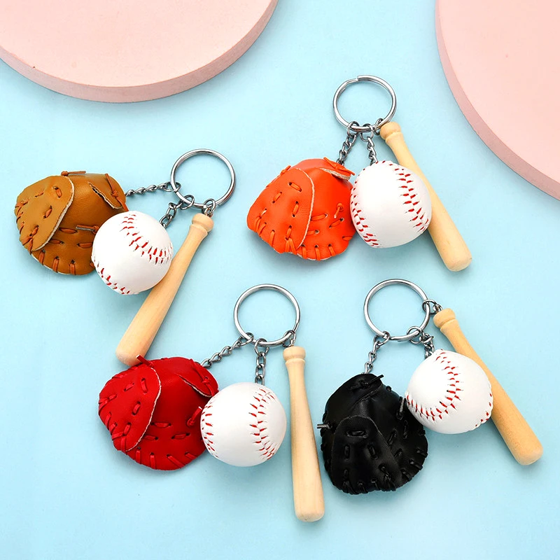 

Creative Keychain Cute Mini Keychains Sport Baseball Durable Key Ring Three-piece Bag Pendant Keychains Glove Wooden Bat chain