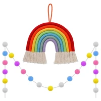 rainbow wall hanging decorations woven cotton rainbow clouds handmade braided cords pom pom macrame wall hanging prop