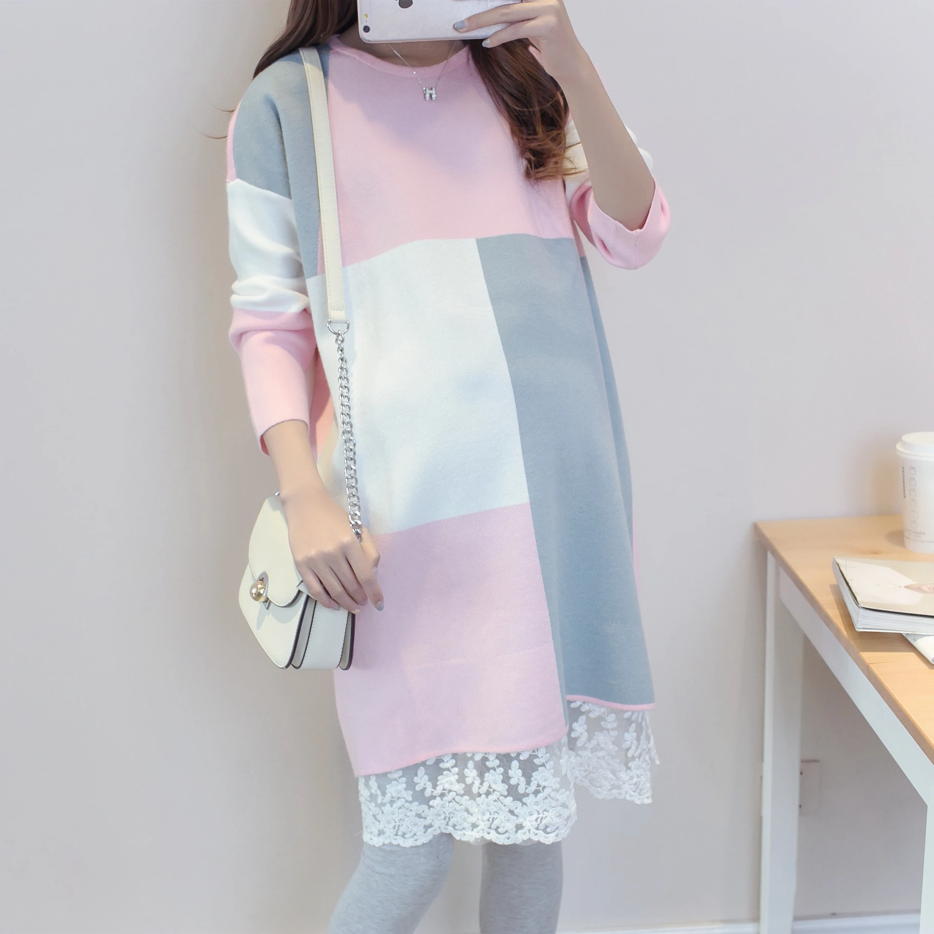 Осенне-зимнее платье для кормящих матерей элегантное кружевное лоскутное