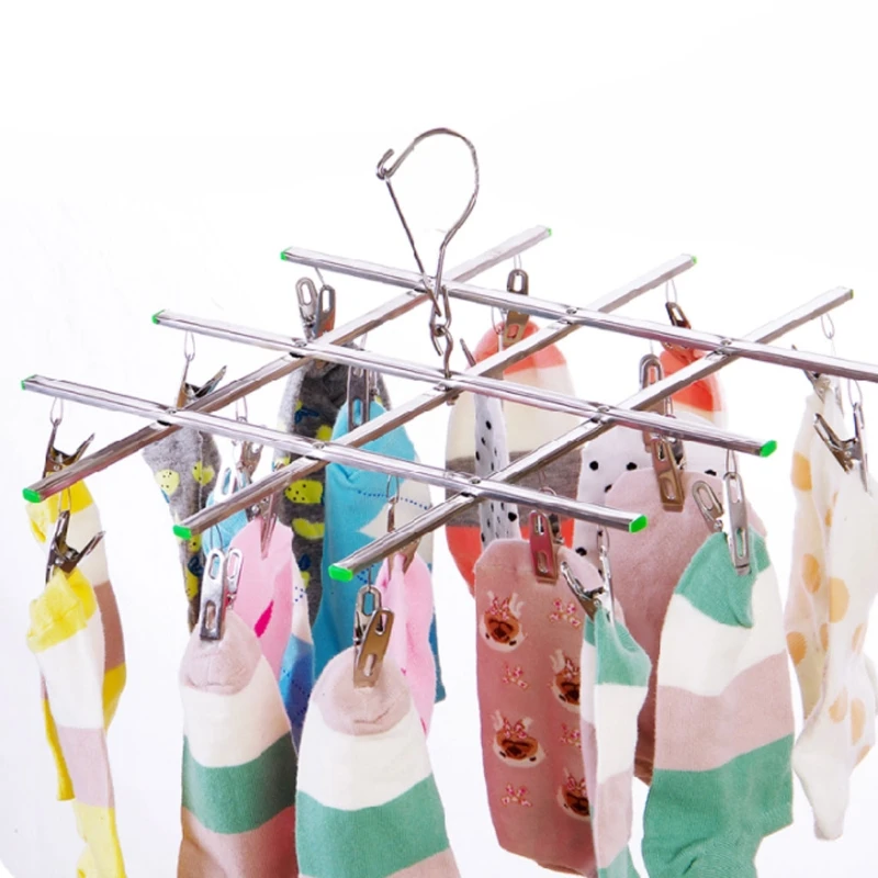 

Windproof Laundry Hanger Collapsible Stainless Steel Hanging Rack 20 Clothespin E56C
