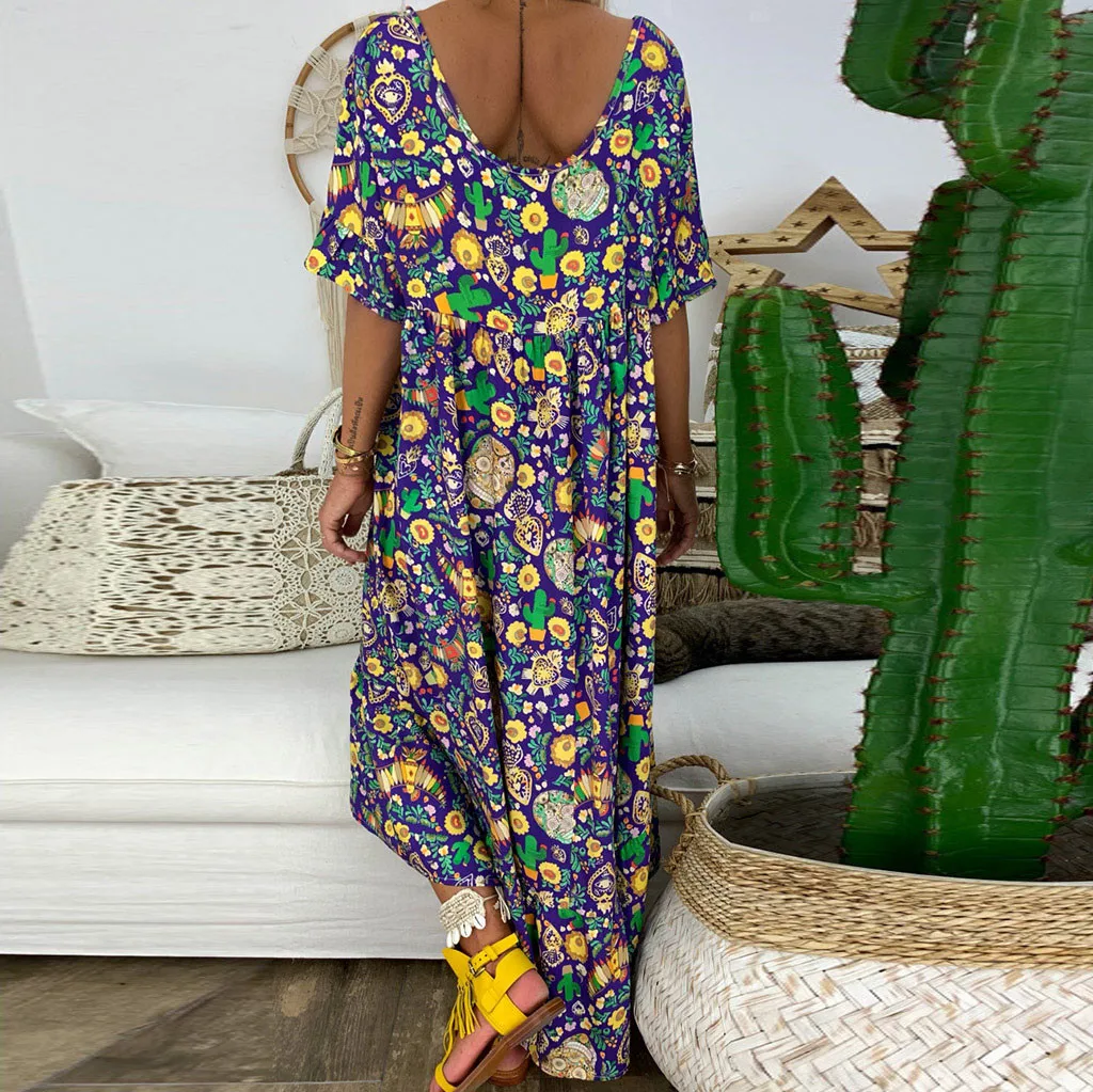 

JAYCOSIN Summer Dress Women Loose Short Sleeve V-Neck Long Dress Slipt Maxi dresses for women vestidos Plus Size Dresses 2020