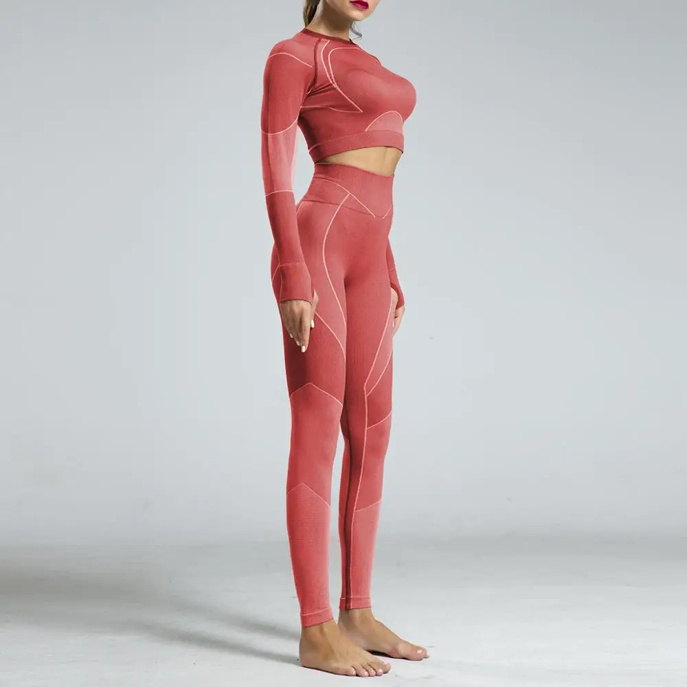 set-red 2pcs/set Vital Women Sport Suit Gym Blue Set Workout Clothes Long Sleeve Fitness Crop Top+ High Waist Energy Seamless Leggings - Цвет: set-red