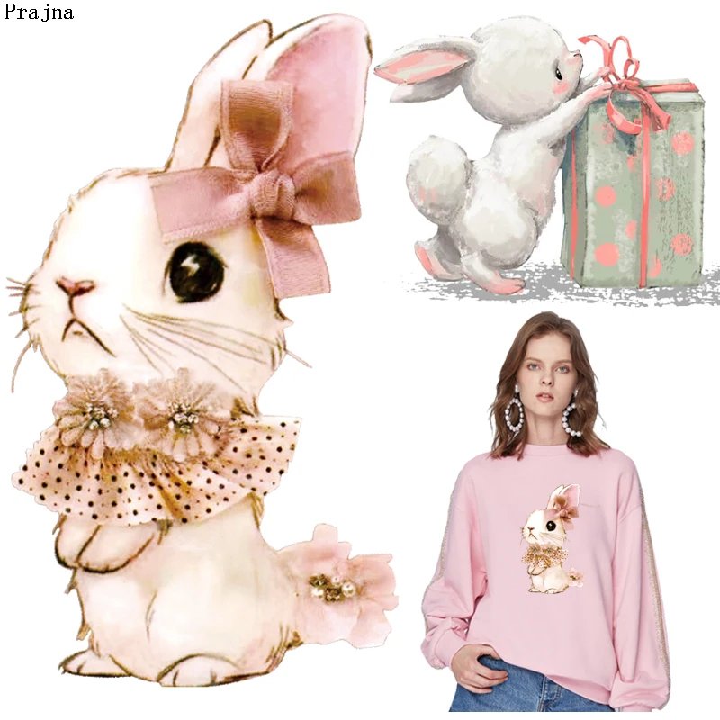 Prajna Милая нашивка с кроликом теплопередача Виниловая наклейка утюгом для одежды